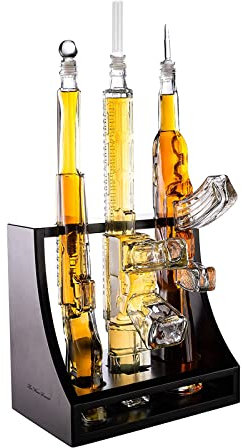 3 Gun Whiskey Decanters Set & Rifle 1000ml - The Wine Savant - Pistol Rack Display, Patriotic Barware, Veteran Gifts, Man Cave Decor, Military Gifts, Whiskey Decanter Set Crystal Clear Glass AR15 AK47