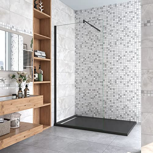 Fissa Doccia Walk In 50x200cm vetro 8mm Barra 70-120cm Regolabile Profilo | Anticalcare, Trasparente Vetro Temperato, Telaio Nero Opaco