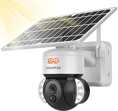 SHIWOJIA Solar Powered Outdoor WiFi PTZ Camera, 12000mAh Battery Powered Outdoor Wireless IP Camera, Dual Radar PIR Detectors, Color Night Vision, Floodlight Surveillance Camera IP66 Waterproof