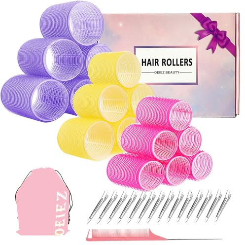 Set di 38 bigodini per capelli, auto-aderenti, per capelli lunghi, medi e corti, bigodini grandi grandi, 18 rulli in velcro, 18 clip in metallo, 1 pettine e 1 custodia, confezione regalo (3 misure 6,3