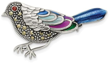 Brosche aus 925er-Sterlingsilber, mehrfarbig, emailliert, Markasit und Granat, Vogel-Brosche, Schmuck für Damen, 34,33 mm, One Size, Edelstein Emaille Granat Edelstein, Granat Markasit