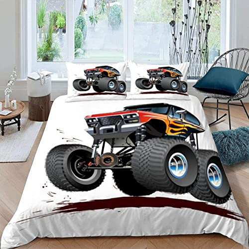 BUMIYA Truck Bettwäsche 155×220 Weiche Mikrofaser Bettbezug 3D Druck Riesige Lastwagen mit Reißverschluss Für Teenager Jungen Mädchen Winter Herbst Bettwäsche Set mit 2 Kissenbezüge 80×80 cm