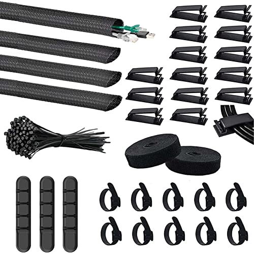 ROXIIFEE 134 Piezas Organizador Cables Escritorio Management para Guardar Cables Bridas Reutilizables 4 Manguito de Cable Auto 3 Clips de Soporte de Cable Bridas Plástico para Despachos y Dormitorios