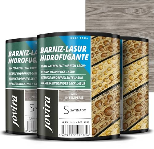 JOVIRA PINTURAS Impregnante legno, (3x750 ml, Grigio), Lasur idrorepellente protettivo satinato all'acqua protegge, decora e impreziosisce tutti i tipi di legno. (3x750 Millilitri, Grigio) E-14-3
