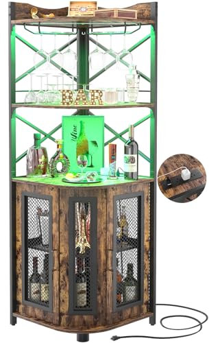 Aheaplus Armoire de bar d'angle avec prise de courant, armoire à vin industrielle avec bande LED et support en verre, armoire à liqueur à 5 niveaux pour la maison, vitrine d'angle pour petit espace,
