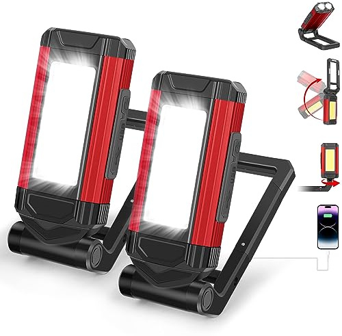 Rechargeable LED Work Light, Magnetic 2 Pack Portable Tool Gifts for Men, 7 Flashlight Modes with Stand and Carabiner, 360° Rotating Head and USB Charging for Camping,