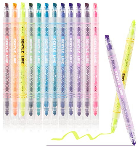 ELENTGE Textmarker 12 Farben Textmarker Set Breite und Feine Spitzen Textmarker Pastell Set für Schulen, Büros, Studenten