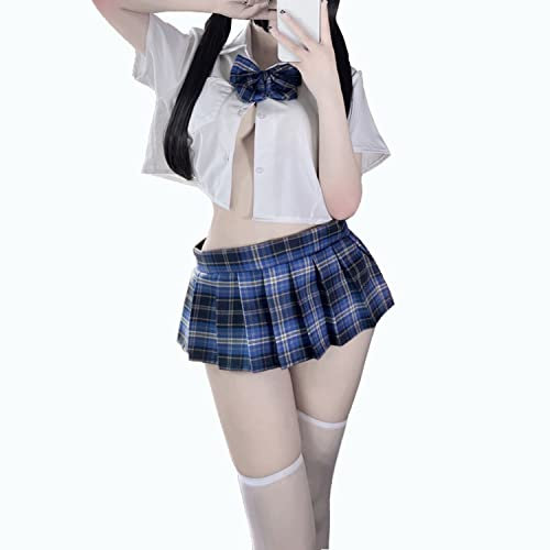 LureZone Japanische Schulmädchen-Uniform, sexy Anime-Cosplay-Bikini-Unterwäsche mit Mini-Hemd und Faltenrock (1007blau)