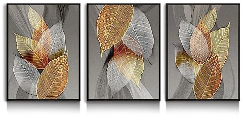 hyidecorart Blätter Bilder Mit Rahmen Schwarz, Natur Golden Pflanzen Blatt Wandbild, Modern Wandbilder Wohnzimmer Schlafzimmer Küche Esszimmer und Büro