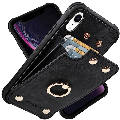 PYTWOPY Schutzhülle für iPhone XR/10R mit Kreditkartenhalter, Leder, stoßfest, unterstützt 360° drehbarer Ringständer und RFID-Blockierung für iPhone XR, iPhone 10R, Schwarz