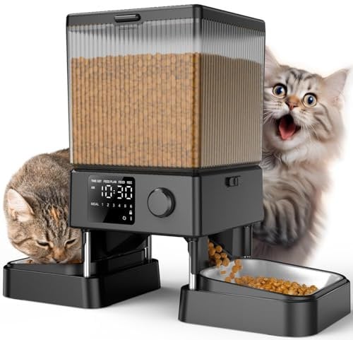 oneisall 5L Distributeur Croquettes 2 Bols Mangeoire Automatique à Un Bouton Fonctionnement Facile pour Chat/Chien avec Bol en Acier Inoxydable Enregistreur Vocal