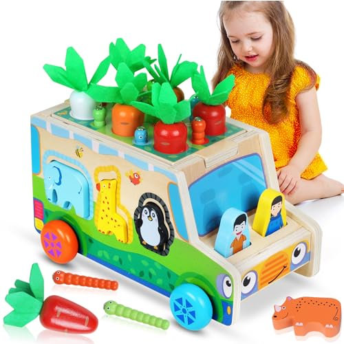 Montessori Spielzeug ab 1 2 3 4 Jahre Holzspielzeug Karottenwagen Steckspiel ab 3 Jahre Mädchen Jungen Kinderspielzeug ab 1 2 3 Jahre Geburtstag Motorikspielzeug für 1 jährige Jungen 2 3 4 Jahre