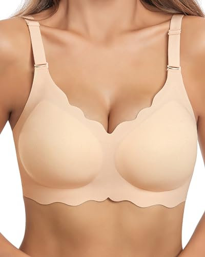 HORISUN Bras for Women No Underwire V Neck Scalloped Wireless Bralettes with Soft Support Comfort Full Coverage Seamless Bra (Nude,L)