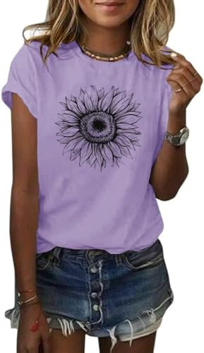 Cicy Bell Donna Girasole T Shirt Estate Manica Corta Carino Grafica Sciolto T-shirt Per Donne Top, lavanda, XL