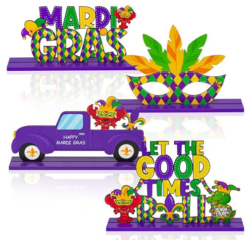 Haooryx 4 Stück Mardi Gras Holz-Mittelaufsätze, Dekoration, Karnevals-Thema, abnehmbare Tischaufsatz, Let The Good Times Roll, Buchstabenschild für New Orleans, Partygeschenke, Mardi Gras Supply