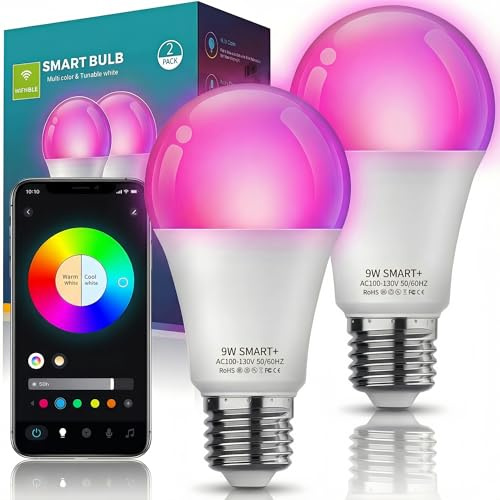 Nowepai Smart Light Bulbs 2Pack, Color Changing Light Bulb Works w/Alexa Google Home, 9W A19 E26 800LM RGBTW Colored LED Bulbs, 50+ DIY Scenes, Music Sync, App & Voice Control WiFi Light Bulbs