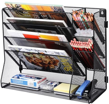 TQVAI 5 Tier Wall File Holder Stationary Organiser Desk Tidy with 3 Slots Pen Holder For Desk Magazine File Holder for Office Home School Accessories Supplies, Black