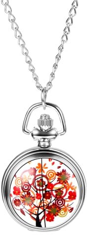 JewelryWe Damen Taschenuhr Kette Blumenbaum: Analog Quarz Kettenuhr Elegant Sonnenblumen Blütenbaum Uhr Anhänger mit Halskette Pocket Watch Geschenk für Mutter Frau Schwester Silber