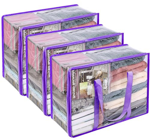 Vieshful Borsa portaoggetti per vestiti, set di 3 sacchetti trasparenti con chiusura a cerniera, per vestiti, piumini, giocattoli, 40 l, colore: Viola