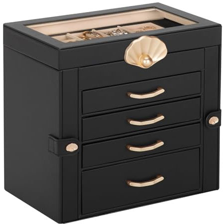 Enthralite Schmuckkästchen mit 4 Schubladen: Organizer für Ohrringe, Halsketten, Geschenk für Mädchen und Frauen, Schwarz