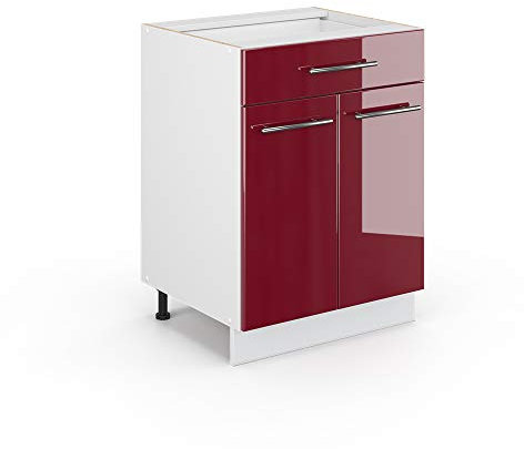 Vicco Meuble Cuisine Fame-Line, Rouge Bordeaux Haute Brillance/Blanc, 60 cm avec tiroir, PT Marbre