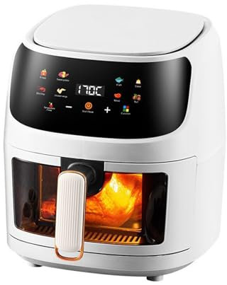 BURLOE Friggitrice Ad Aria con Finestra di Visualizzazione, Calda 8L Funzioni Cottura Funzionamento One Touch Senza Olio Lavabile in Lavastoviglie,Bianca