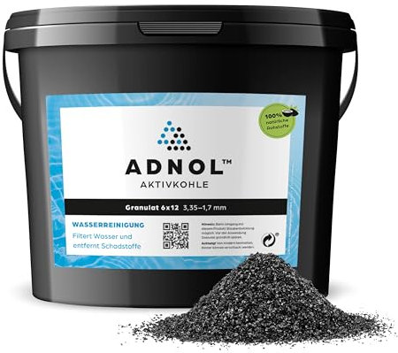 ADNOL® Aktivkohle Granulat 20 Liter aus Kokosnussschalen für Wasserfilter für Aquarium und Teich, Mesh 6x12, Körnung 3,35-1,7mm, Energieklasse A, als Carbon Filter verwendbar