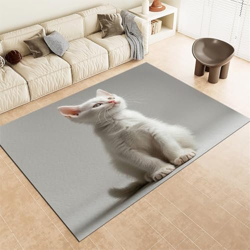 Srigzcaly Teppich Wohnzimmer, Tierische WeißE Katze Teppiche rutschfest Waschbar Grau Teppiche Kurzflor für Schlafzimmer Kinderzimmer, Weiche Flanell Teppich 180x240cm