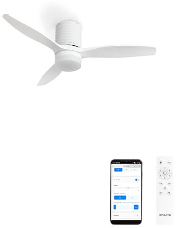 CREATE / WINDCALM LINE/Ventilador de techo con luz blanco y líneas horizontales con Wifi y mando / 40W, Ø132 cm, 3 temperaturas de luz, temporizador, función verano-invierno