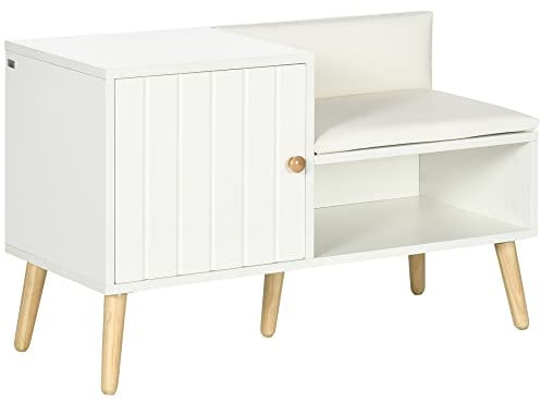HOMCOM Panca Scarpiera da Ingresso Salvaspazio con Seduta Imbottita, Ripiano Aperto e Armadietto per 4 Paia di Scarpe, Corridoio, Camera da letto, Soggiorno in Legno, 80x33x49cm, Bianco