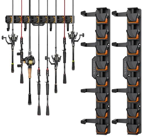 BOOSTEADY Portacanne da Pesca per Garage con 4 Ganci Porta Canne da Pesca, Portacanne Parete Verticale per Garage, può Contenere fino a 8 Canne o Combinazioni, Arancione, 2 Pezzi