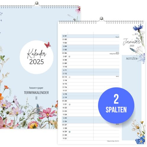 heaven+paper Kalender 2025 Wandkalender 2 Spalten A4 – Paarkalender im natürlichen Wildblumen-Design – Terminkalender 2025 zum aufhängen mit Blumen – Made in Germany (Wildflower, 2 Spalten)