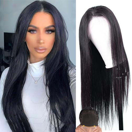 Pelucas frontales rectas de cabello humano, pelucas HD transparentes sin pegamento 180% pre-arrancadas de color natural para mujeres negras (4 * 4,14 pulgadas (35 cm)) (4