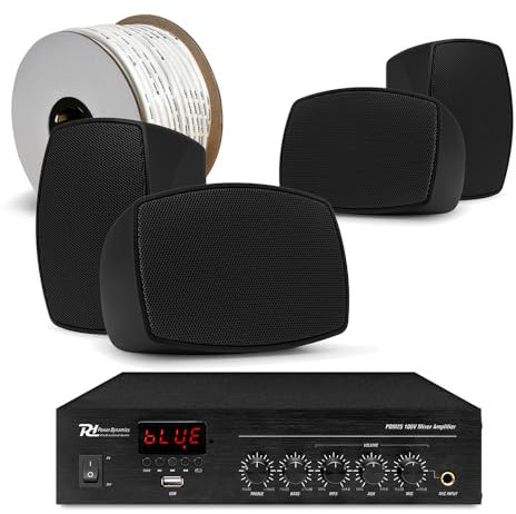 4x PD BHW30BK 100V Wall Mounted Speaker System with PDM25 Bluetooth Amplifier – IPX5 Weatherproof Speakers, Ideal Sound System for Cafe, Small Office Music System, Indoor & Outdoor 100v line speaker