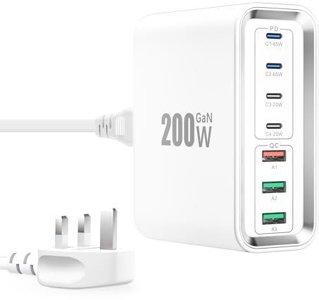 Super Fast Charging Station, 200W GaN 7-Ports Charger Station Hub, Mutil USB Chargers Wall Plug 65W USBC Charger for MacBook Pro/Air, iPads, iPhone 16/15/14, USBC Laptops,Samsung Galaxy S25/S24/S23