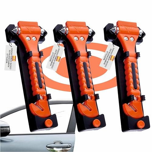 Martillo Rompe Cristales Coche, Herramienta Romper Cristal Vehiculo y Cortar Cinturon, Rompecristales y Cinturon, Romper Cristal Coche y Cinturon, Rompe Lunas Coche y Cortar Cinturones (Pack 3 uds)