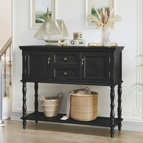 HOLTICO Console Table with Drawers and Storage Cabinets, Black Entryway Table Wooden Narrow Console & Sofa Tables for Hallway, Living Room, Bedroom