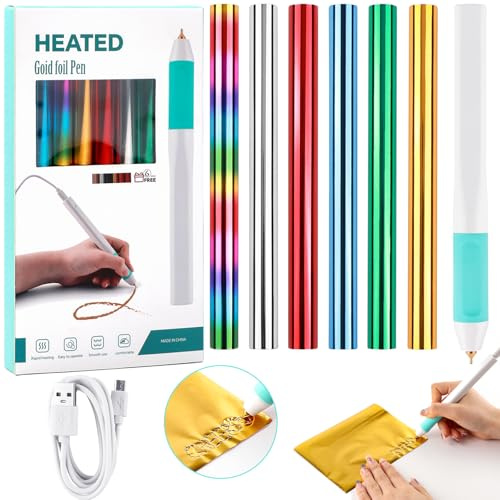 Heißfolienrollen- und Heißfolienstifte-Set, Folienfeder-Werkzeug, Freestyle-Starter-Set, inklusive 1 USB-Wärmefolienstift und 6 Stück 15 cm x 1,3 m Glimmerfolienrollen für Kartenherstellung
