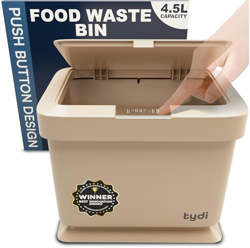 Tydi 4.5L Food Waste Bin with Press-Button Lid (2 Pack) – Compost Bins for Kitchen - Anti-Slip Base and Secure Lid Kitchen Compost – Small Indoor Caddy for Cupboard or Countertop – Taupe