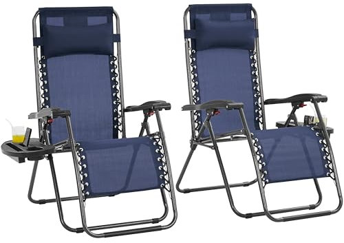 Yaheetech 26 Zero Gravity Recliners Outdoor Adjustable Folding Reclining Lounge Chairs w/Pillows, Cup Holder Trays and Carry Strap for Patio Backyard Beach Navy Blue Set of 2