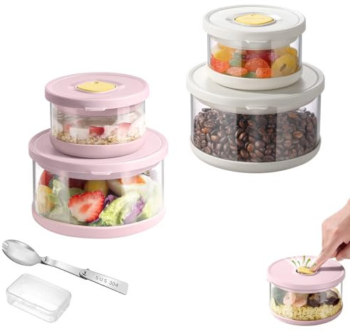 SAYAPE Glass Food Storage Containers with Airtight Lids, 33.8oz & 11.8oz High-Borosilicate Glass Meal Prep Containers with Spork, Bento Lunch Boxes for Salad, Ramen, Soup, Fruit - 4 Pack, Pink/White