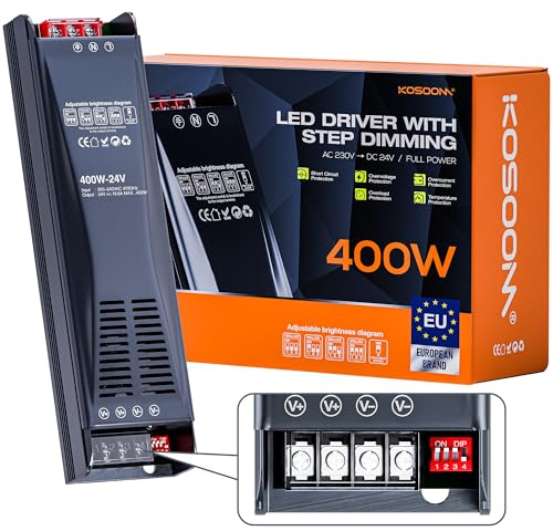 KOSOOM LED Trafo 24V 400W 16.66A 1pcs Transformator AC 220V 230V auf 24V DC Netzteil Dimmbar Power Supply für LED Strip Netzteil 24V Konstantspannungs Power Supply für Beleuchtung