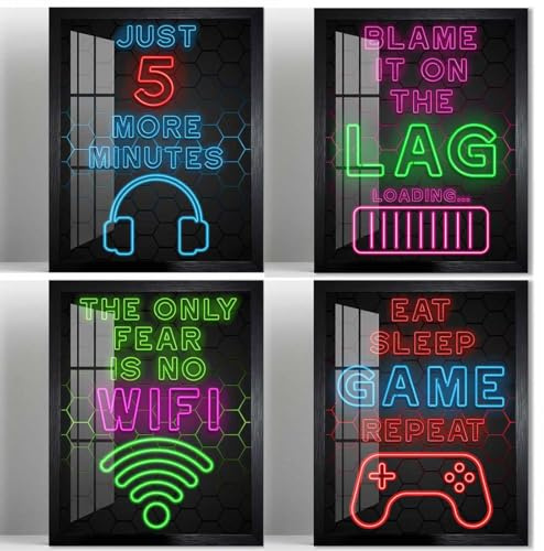 Biufo 4 Stück Gamer-Symbol Leinwand Wandkunst Poster Gaming Schild Wanddekoration Druck Bild für Teenager Junge Spielzimmer Spielzimmer Schlafzimmer (10L x 8W, gerahmt)