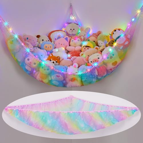 MHJY Toy Hammock for Stuffed Animals Soft Toy Storage Net with LED Light, Cuddly Toys Organizer Holder Large Corner Hanging Net Plush Macrame Kids Bedroom Nursery Furniture Room Decor