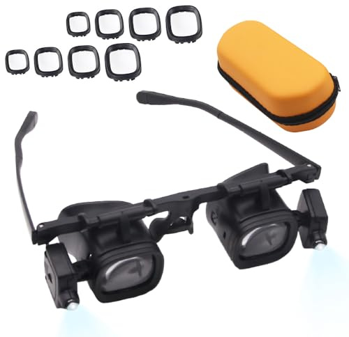 KBIBCK Lupenbrille mit Licht, Kopf Lupenbrille, Kopfbandlupe mit Led Wechselobjektive 2.0X 4.0X 6.0X 10.0X 22.0X, für Lesen,Handwerk,Juweliere,Elektriker,Nähen (Orange)