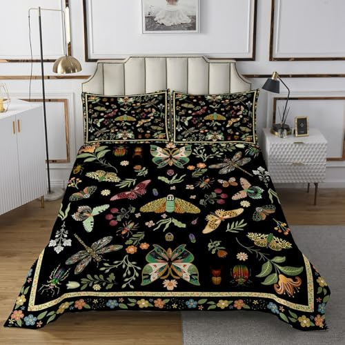 Homemissing Floral Tagesdecke 170x210cm Jungen Mädchen Vinatge Botanischer Schmetterling Schwarz Steppdecke Für Kinder Retro Boho Blumen Wohndecke Blüte Dragonfly Grün Zimmer Dekor