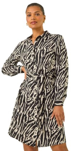 Roman Originals Shirt Dress for Women UK- Ladies Long Sleeve Belted Collared Midi Maxi Winter Autumn Smart Casual Button Through Evening Office A Line Swing Skater - Size 14 - Animal Noir