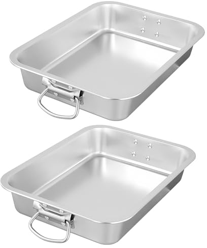 KOHAND 2 PCS Deep Stainless Steel Roasting Pans, Large Roaster Tray with Folding Handles, 40 x 30 x 7cm Rectangular Roasting Tin Pan for Meats & Vegetables, Oven Safe
