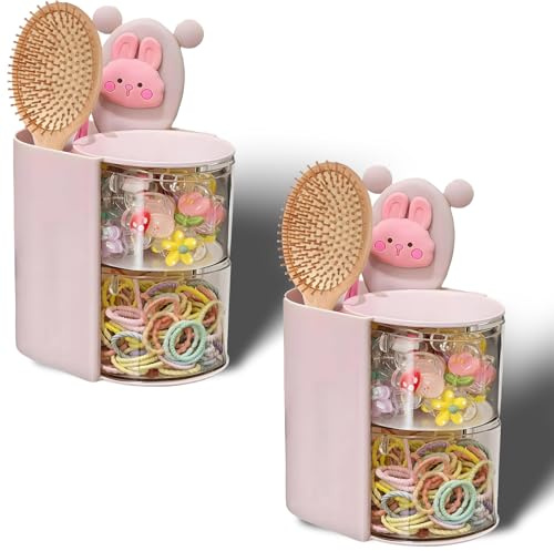 Generisch Haargummi Aufbewahrung, Haar-Zubehör-Organizer, 2-Lagig Haargummi Organizer, Transparent SchmuckOrganizer, Haarbürsten-Aufbewahrungsständer, 180° drehbarer Haar-ZubehörOrganizer (2PC Rosa)