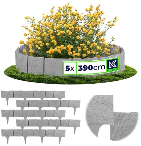 KADAX 5er Set Rasenkante 78 cm, Beeteinfassung in Steinoptik, Beetumrandung aus Kunststoff, Mähkante, Beetbegrenzung für Garten, Rasenkantensteine (Grau)